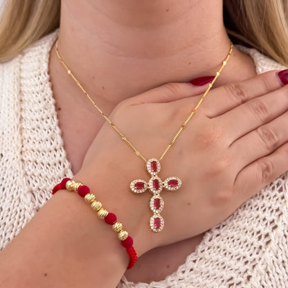 Cadena Tejido Cubana de 45cm de 2mm + Cruz con Micro Circones Rojo + Pulseras Balin italinao de 6mm en Hilo Rojo en Oro Laminado 18k con Garantia de por vida