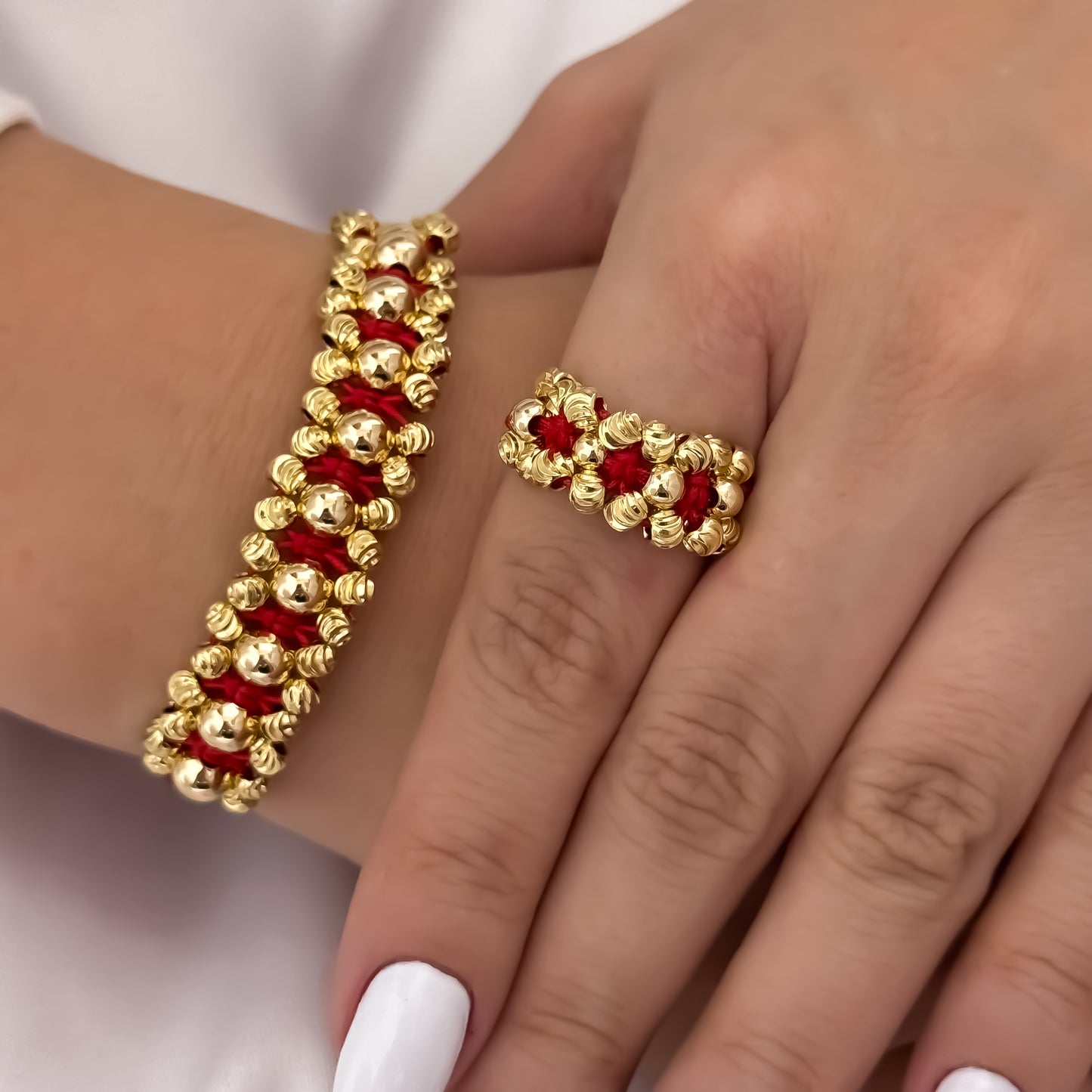 Juego de Pulsera Doble Carril en Balin Italiano de 4mm Liso de 5mm + Anillo Tejido en Balin Italiano en Oro Laminado 18k con Garantía de por vida