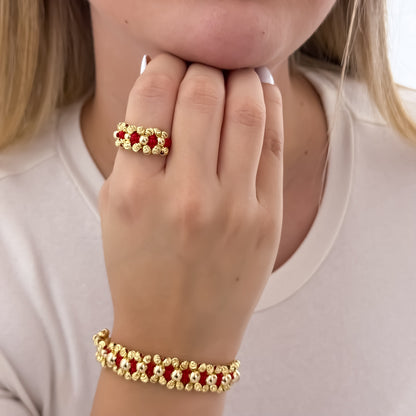 Juego de Pulsera Doble Carril en Balin Italiano de 4mm Liso de 5mm + Anillo Tejido en Balin Italiano en Oro Laminado 18k con Garantía de por vida