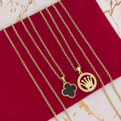 Promoción de 2  Cadenas para Parejas en Tejido de Aros de Hombre de 60cm + Cadena de Dama de 45cm + Dije Van Cleef  Negro +  Corona Rolex con Circones en Oro Laminado 18k con Garantia de por vdia