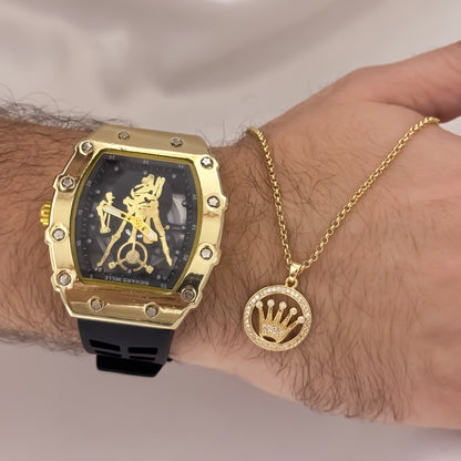 Cadena Cubana Delgada de Hombre de 60cm de 2mm + Corona Rolex Micro Circones Cristales + Reloj Richard en Oro Laminado 18k con Garantía de por  vida
