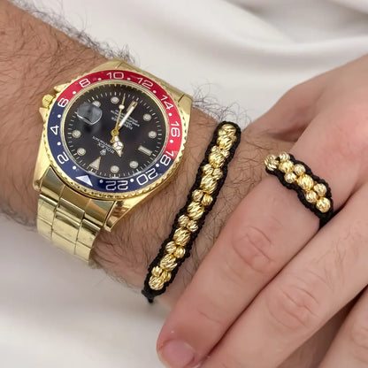 Juego de Pulsera Doble Carril de Balin Italaino de 4mm + Anillo Tejido Balin Italiano de 4mm en Oro Laminado 18k con Garantia de por vida + Reloj Rolex de Alta Gama 1.1 con Garantia