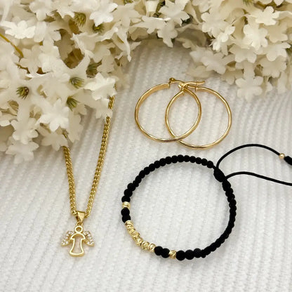 Conjunto de cadena cubana de Dama 45cm-2m + Dije Angel de Guarda + Canongas melcochas + Pulsera Balin 4mm en Oro laminado 18k con Garantia de por vida