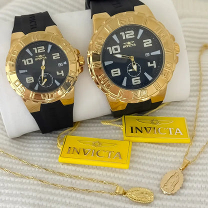 Juego de Cadena para Parejas Tejido Singapur Virgen de Guadalupe Dama de 45cm + Hombre de 60cm  + Reloj de Parejas Invicta en Oro Laminado 18k con Garantia de por vida