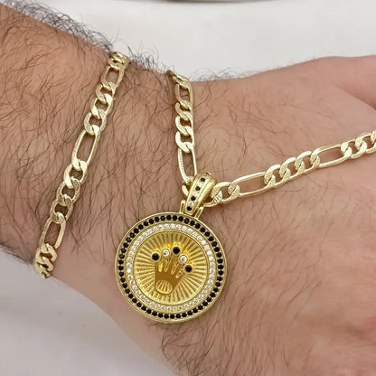 Conjunto Para hombre en Cadena tejido Catier de 60cm de 5mm de Grosor + Dije de Corona con micro circones Verde + Pulseras de 20cm de 5mm de Grosor en Oro  Laminado 18k con Garantia de por vida
