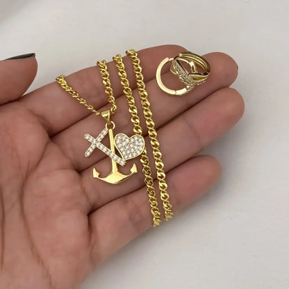 Cadena Tejido Escalera Plana de 45cm de 3mm de Grosor + Dije de las 3 Gracias + Candongas Trensada en oro Laminado 18k com Garantia de por vida
