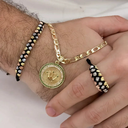 Conjunto Cadena Tejido 1 X 1 de Hombre de 5mm de Grosor + Rolex corona Rolex Verde + Juego Pulseras Doble de Balin Italiuano de 3 oros + Anillos Tejido en oro Laminado 18k con Garantia de por vida