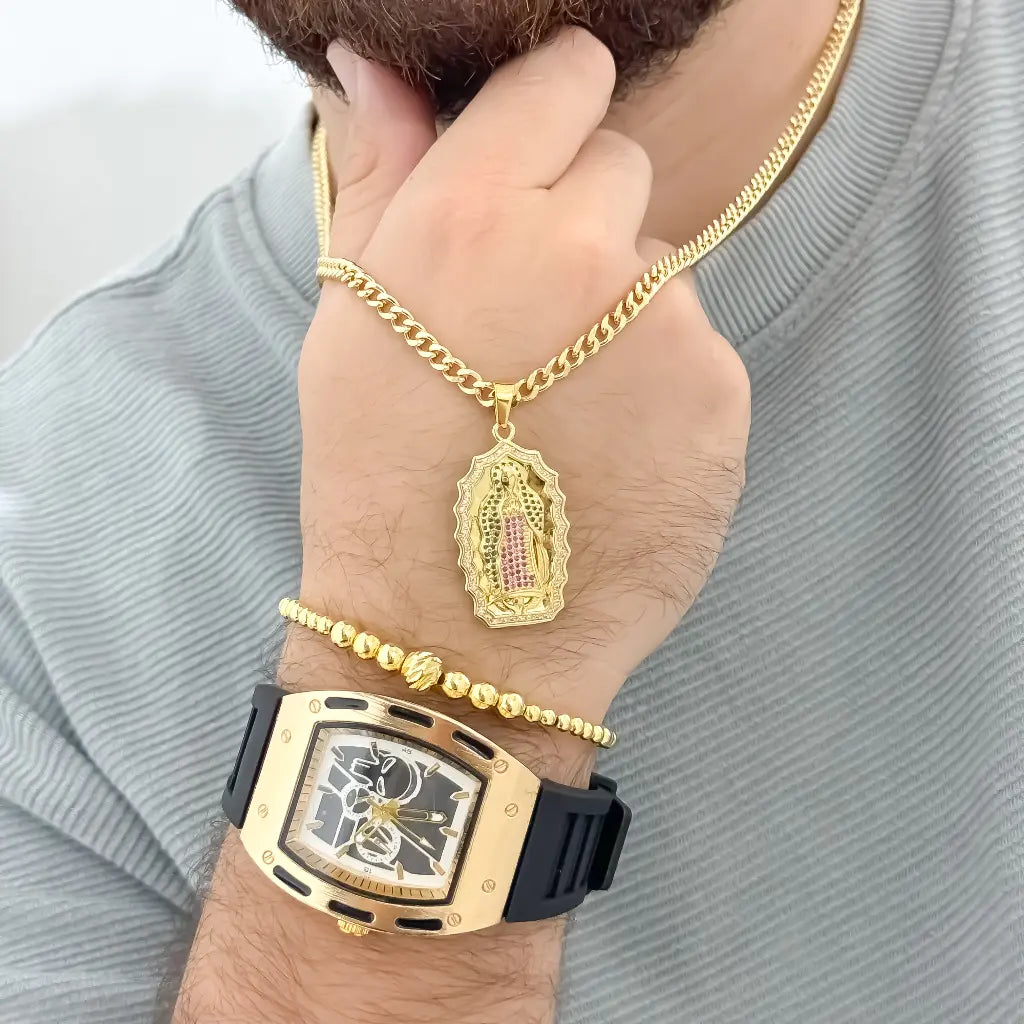 Conjunto de Cadena Cubana + Virgen Guadalupe + Pulsera Full Balines en Oro Laminado 18k con  Garantia de por vida  + Reloj Richar Mille