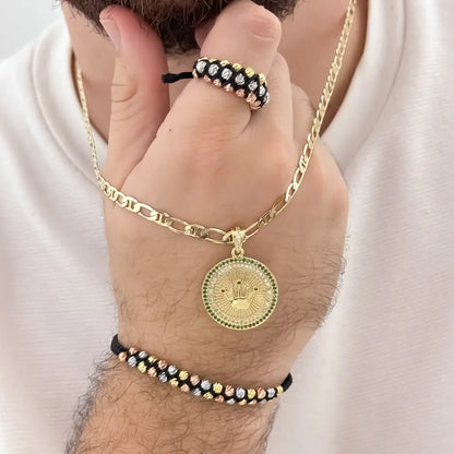Conjunto Cadena Tejido 1 X 1 de Hombre de 5mm de Grosor + Rolex corona Rolex Verde + Juego Pulseras Doble de Balin Italiuano de 3 oros + Anillos Tejido en oro Laminado 18k con Garantia de por vida
