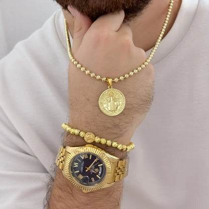 Cadena Tejido Militar Diamanatda de 60cm de 4mm de Grosor en Balin Diamantado + Dije de San Benito Protección + Pulsera Balin Italiano de San Benito en Oro Laminado 18k con Garantia de por vida + Reloj Rolex Amarillo con Garantia
